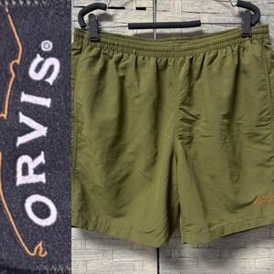 ORVIS Men's Olive Green Quick Dry Athletic Shorts Elastic Waist Pockets Size L